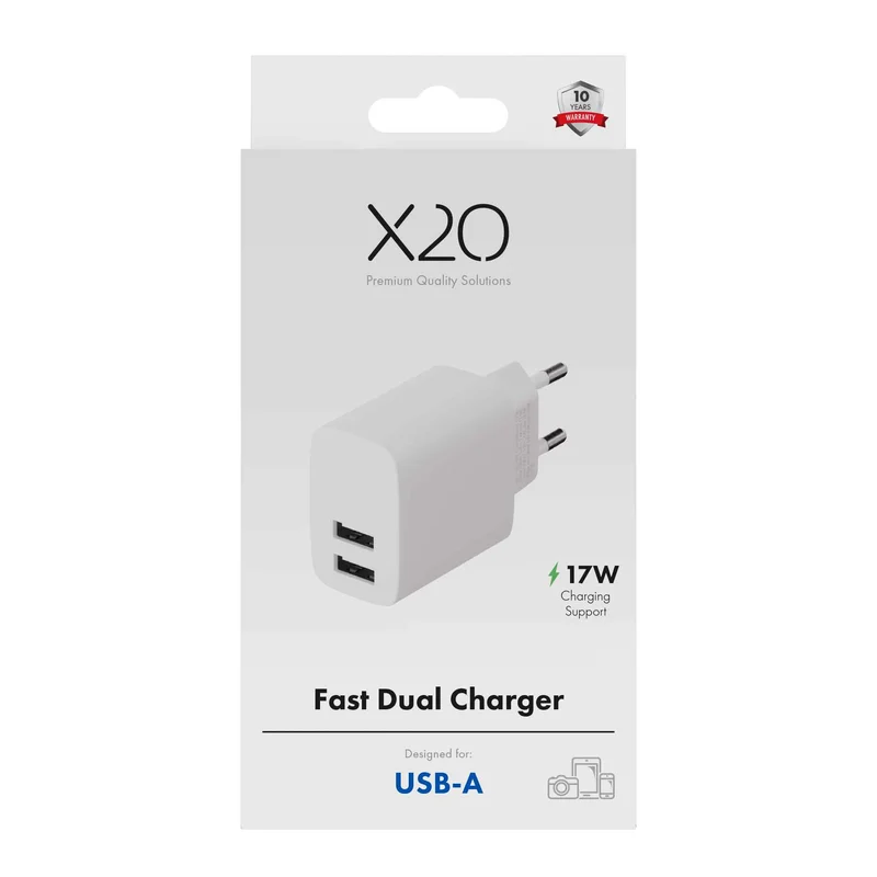 X2O 17W Dual Home Charger USB-A/A White - 3401001