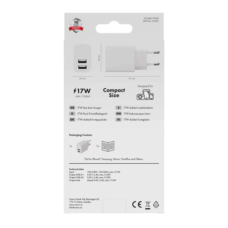 X2O 17W Dual Home Charger USB-A/A White - 3401001