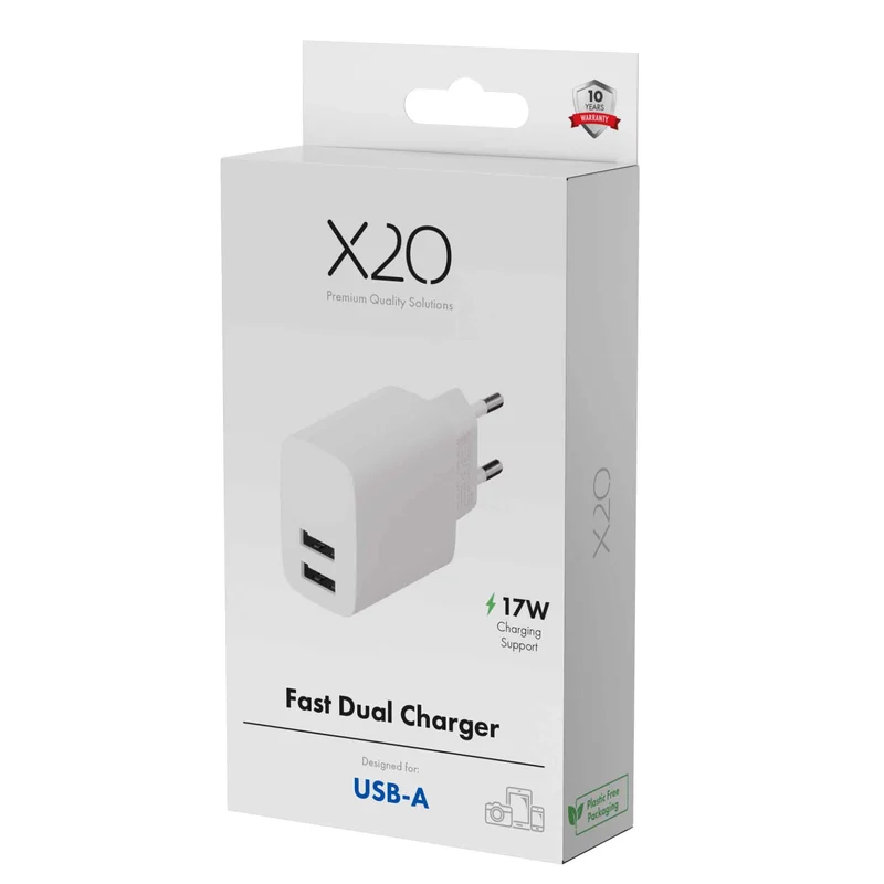 X2O 17W Dual Home Charger USB-A/A White - 3401001