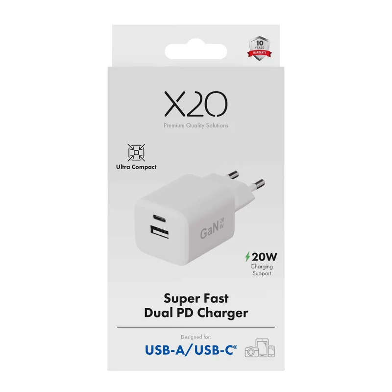 X2O 20W Dual Home Charger USB-C/A GaN White - 3401004