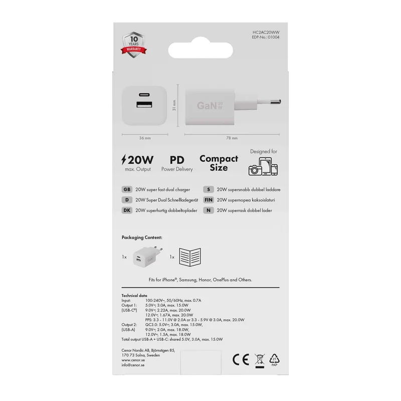 X2O 20W Dual Home Charger USB-C/A GaN White - 3401004