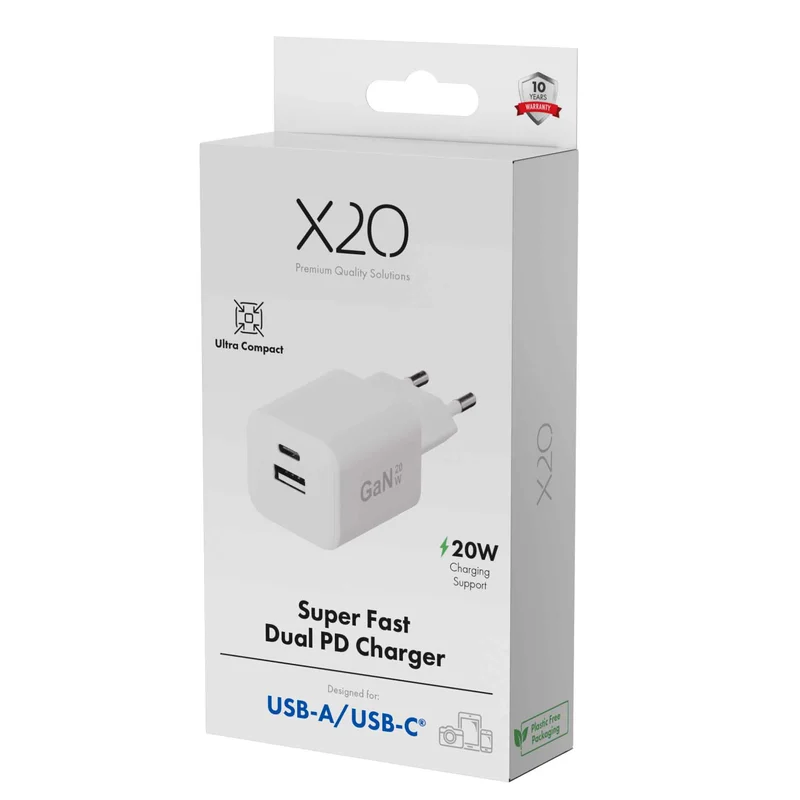 X2O 20W Dual Home Charger USB-C/A GaN White - 3401004