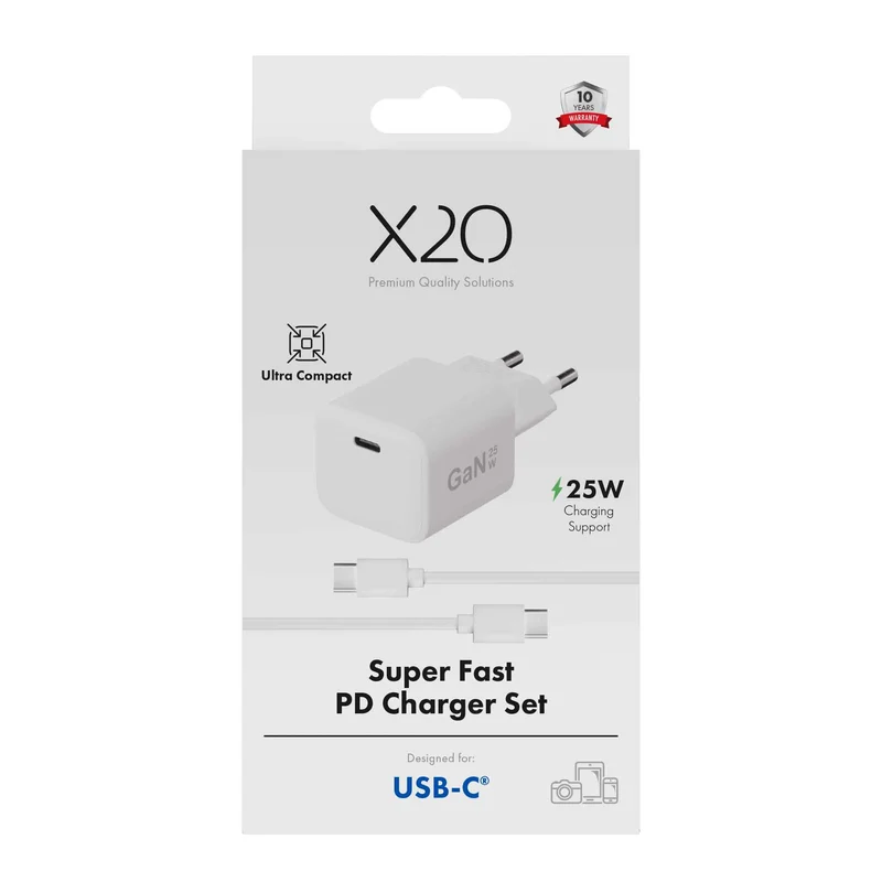 X2O 25W Home Charger Set USB-C w. 1.2m cable GaN White - 3401006