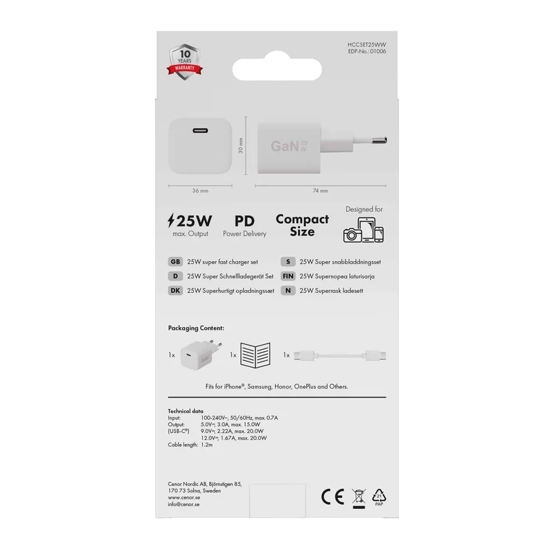 X2O 25W Home Charger Set USB-C w. 1.2m cable GaN White - 3401006