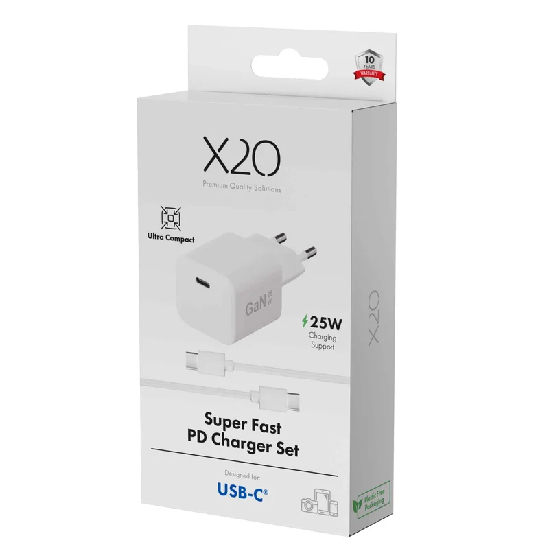 X2O 25W Home Charger Set USB-C w. 1.2m cable GaN White - 3401006