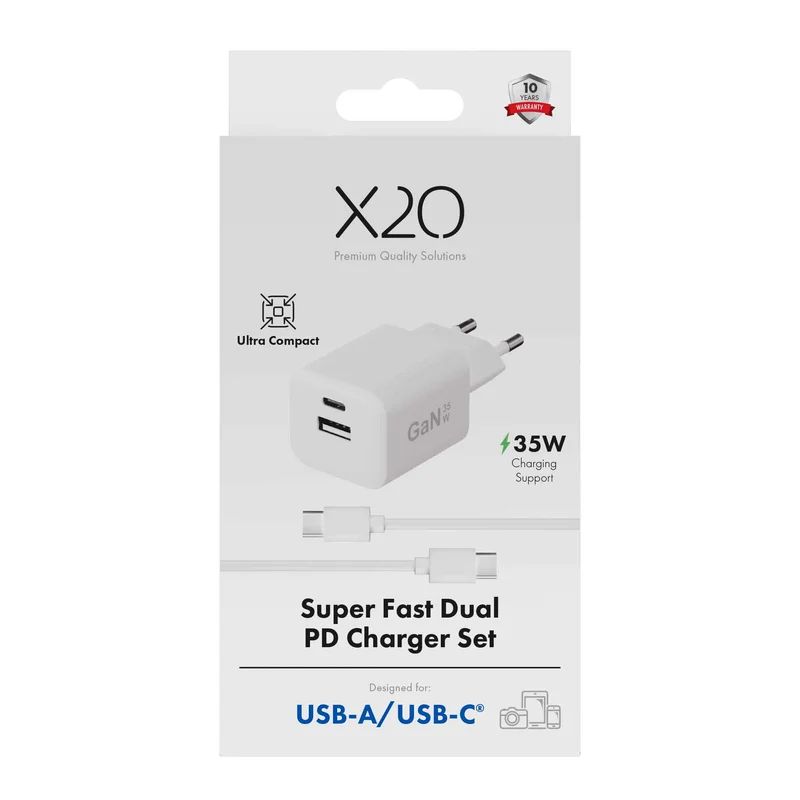X2O 35W Dual Home Charger Set USB-C/A w. 1.2m cable GaN White - 3401008