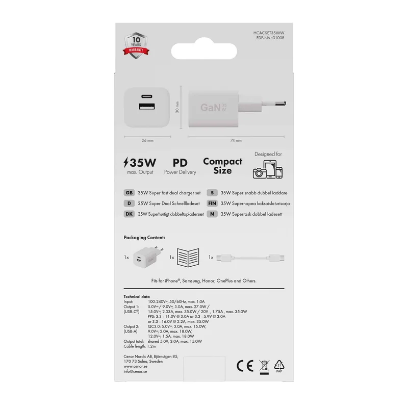 X2O 35W Dual Home Charger Set USB-C/A w. 1.2m cable GaN White - 3401008