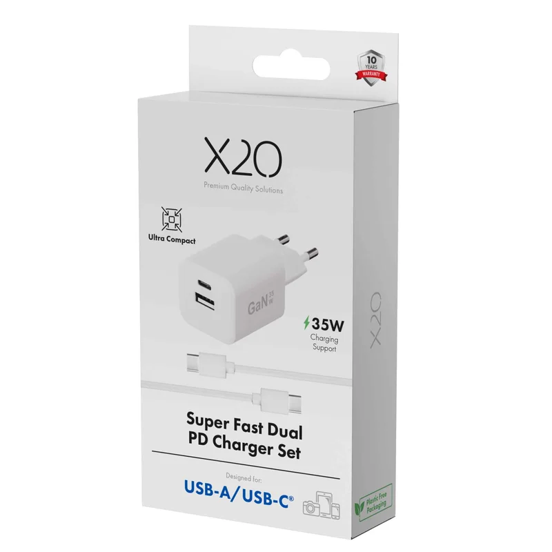 X2O 35W Dual Home Charger Set USB-C/A w. 1.2m cable GaN White - 3401008