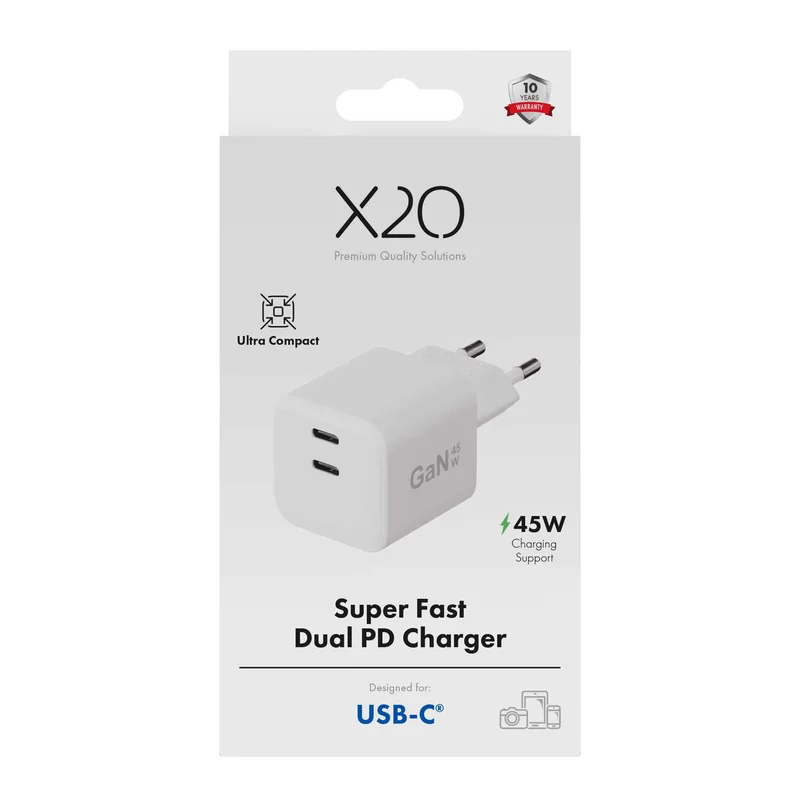 X2O 45W Dual Home Charger USB-C/C GaN White - 3401009