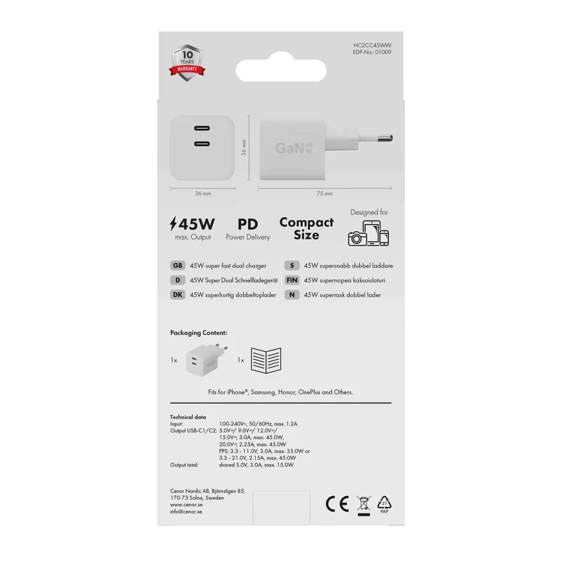 X2O 45W Dual Home Charger USB-C/C GaN White - 3401009