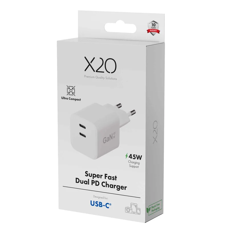 X2O 45W Dual Home Charger USB-C/C GaN White - 3401009