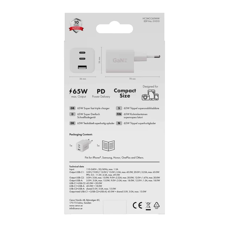 X2O 65W Tripple Home Charger USB-C/C/A GaN White - 3401010