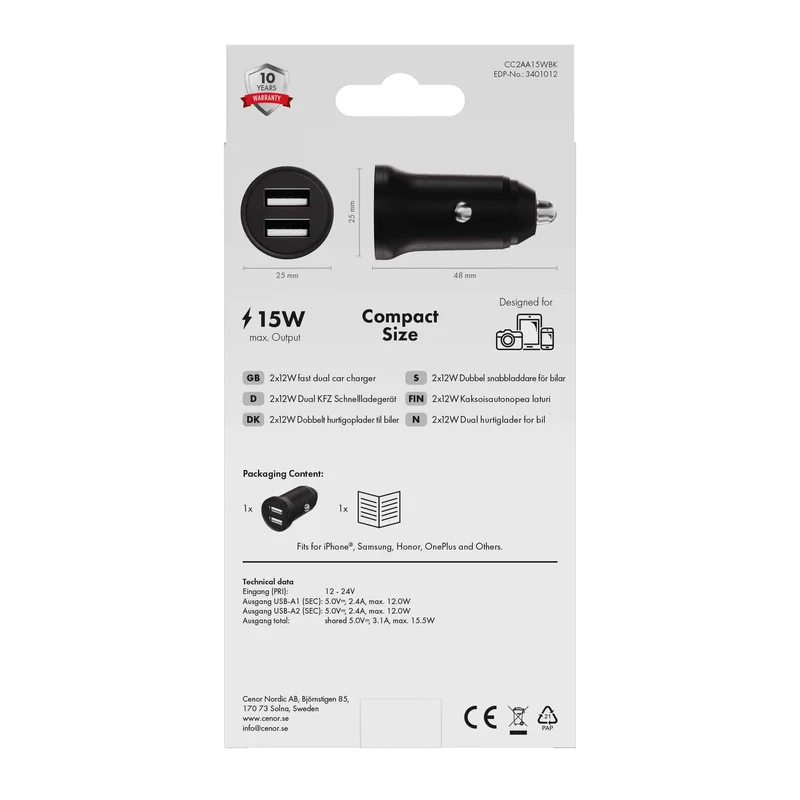 X2O 2x12W Dual Car Charger USB-A/A Black - 3401012