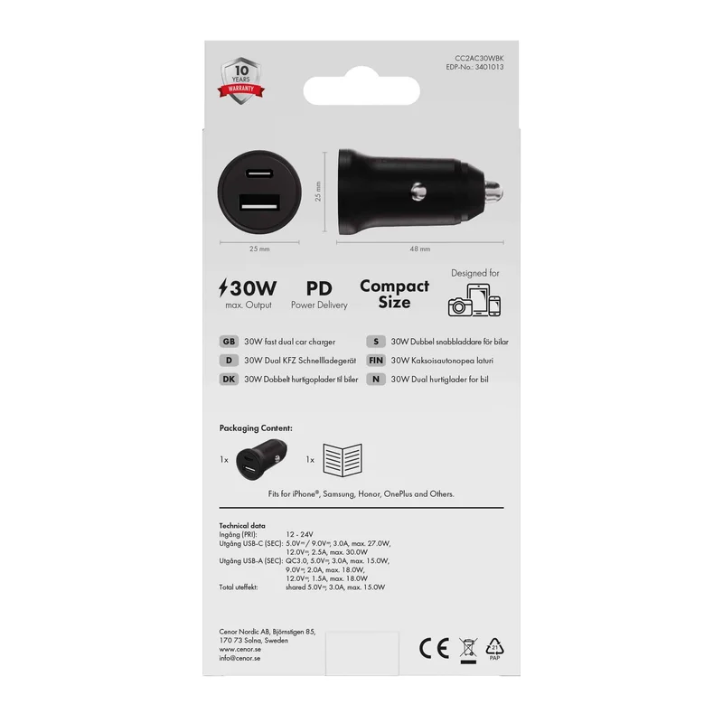 X2O 30W Dual Car Charger USB-C/A Black - 3401013