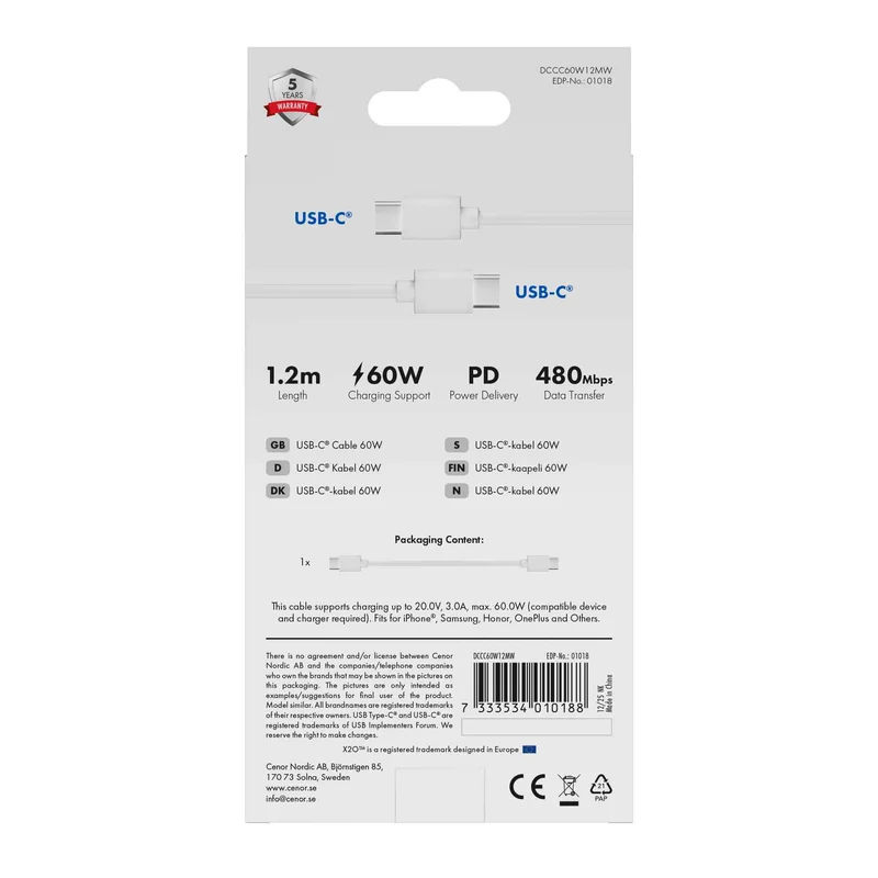 X2O Basic 60W USB-C/C cable 1.2m White - 3401018