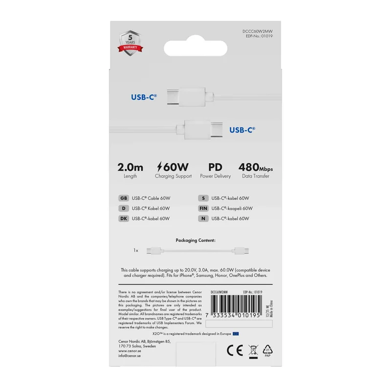 X2O Basic 60W USB-C/C cable 2m White - 3401019