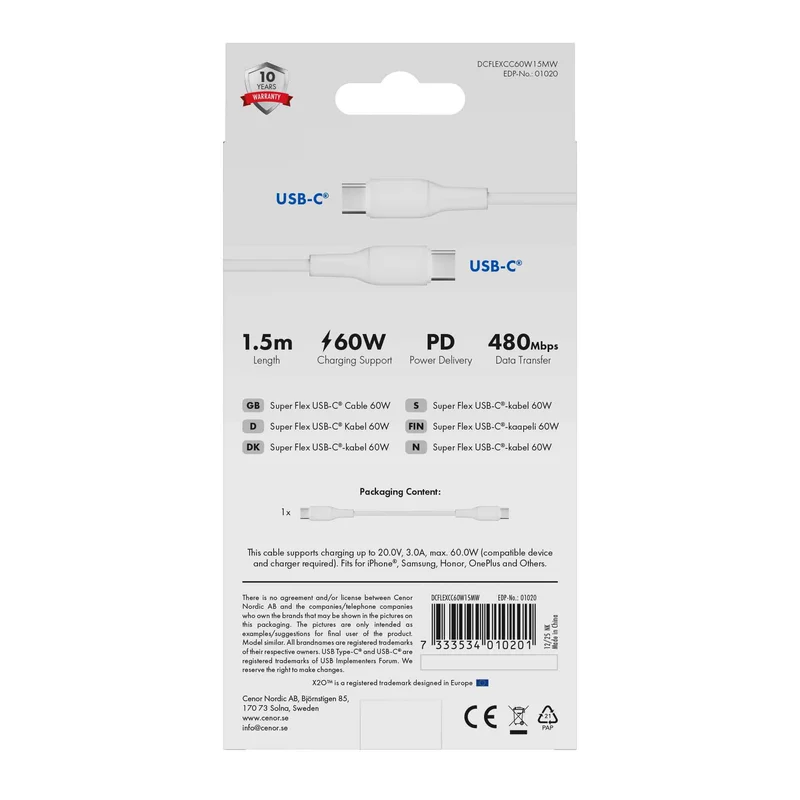 X2O SUPERFLEX 60W USB-C/C cable 1.5m White - 3401020