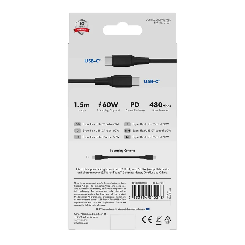 X2O SUPERFLEX 60W USB-C/C cable 1.5m Black - 3401021