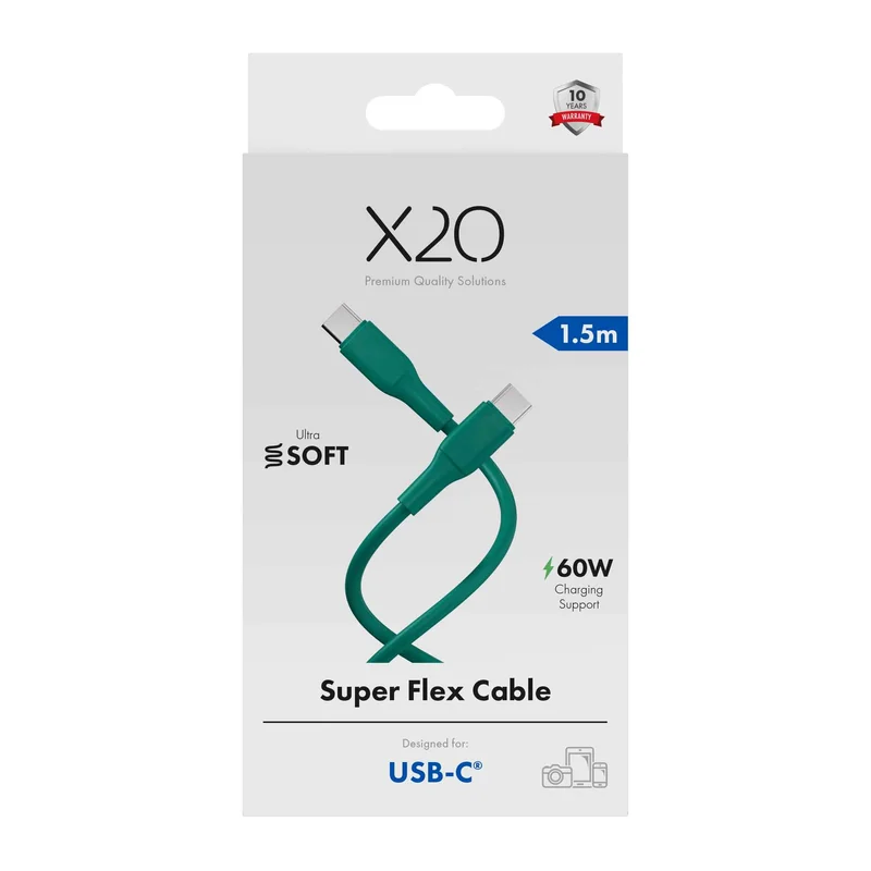 X2O SUPERFLEX 60W USB-C/C cable 1.5m Teal Green - 3401022