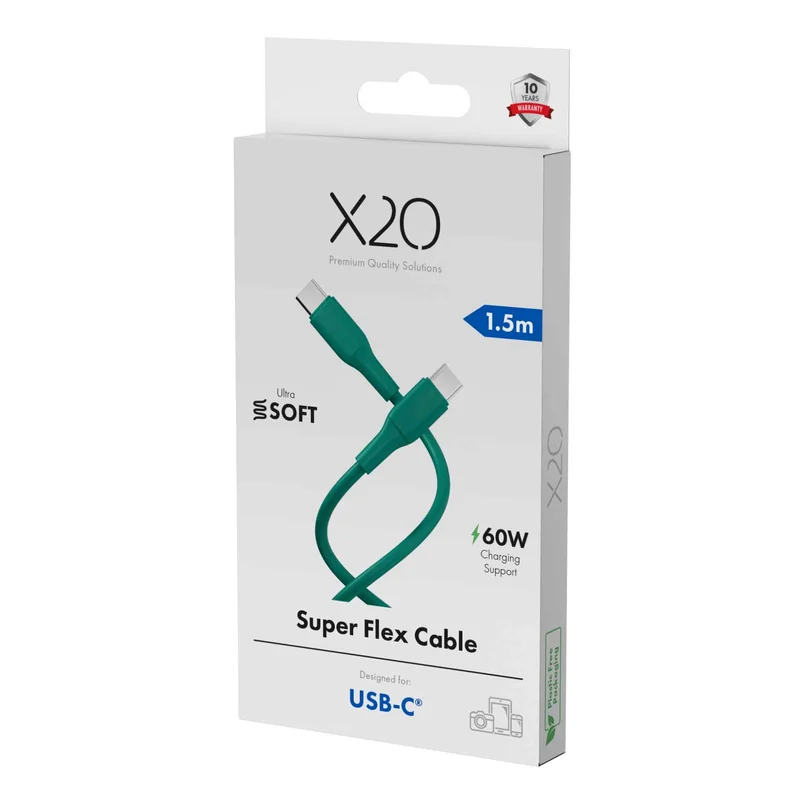 X2O SUPERFLEX 60W USB-C/C cable 1.5m Teal Green - 3401022