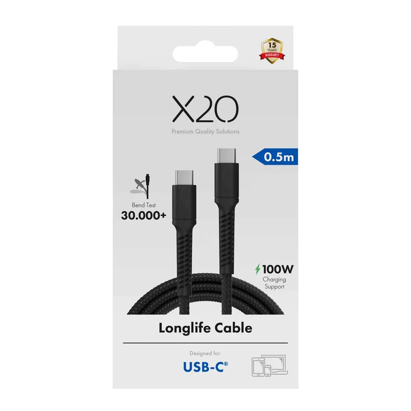 X2O Longlife 100W USB-C/C cable 0.5M Black - 3401025