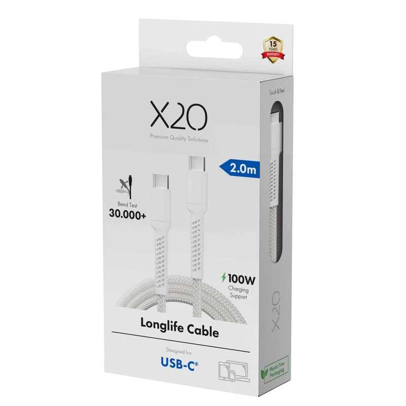 X2O Longlife 100W USB-C/C cable 2M White - 3401028