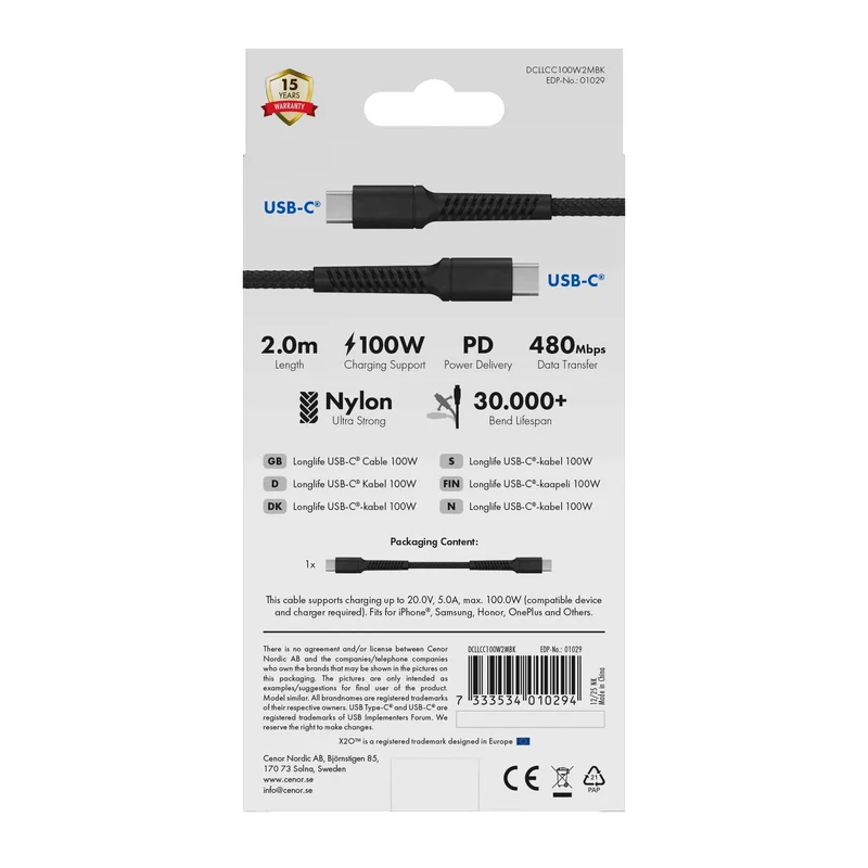X2O Longlife 100W USB-C/C cable 2M Black - 3401029