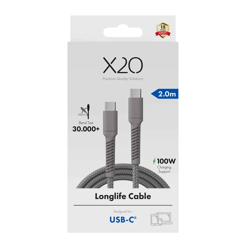 X2O Longlife 100W USB-C/C cable 2M Titan Grey - 3401030