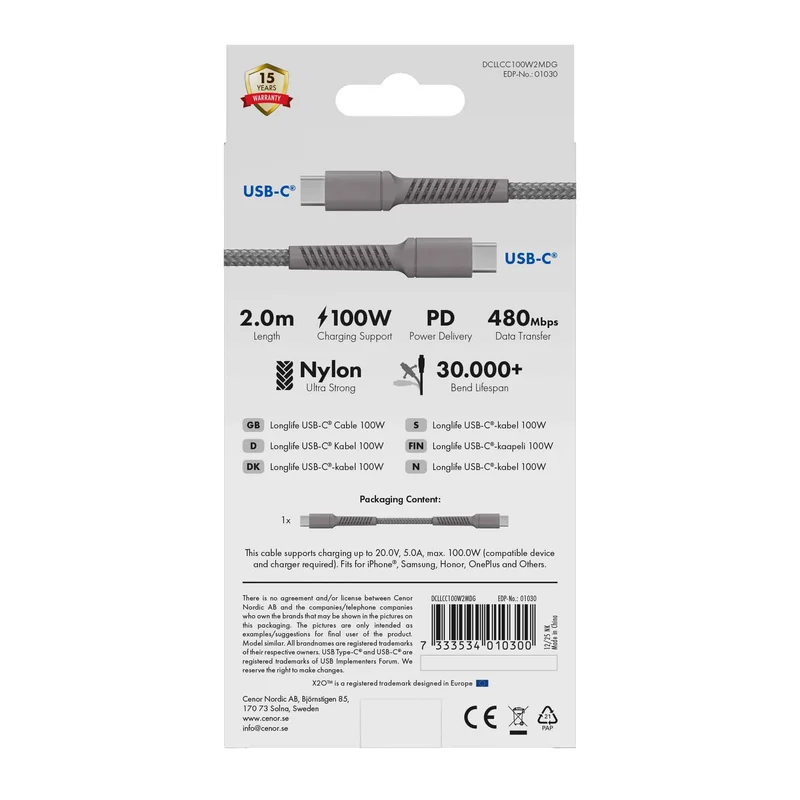 X2O Longlife 100W USB-C/C cable 2M Titan Grey - 3401030