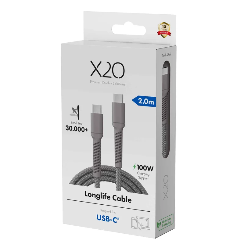 X2O Longlife 100W USB-C/C cable 2M Titan Grey - 3401030
