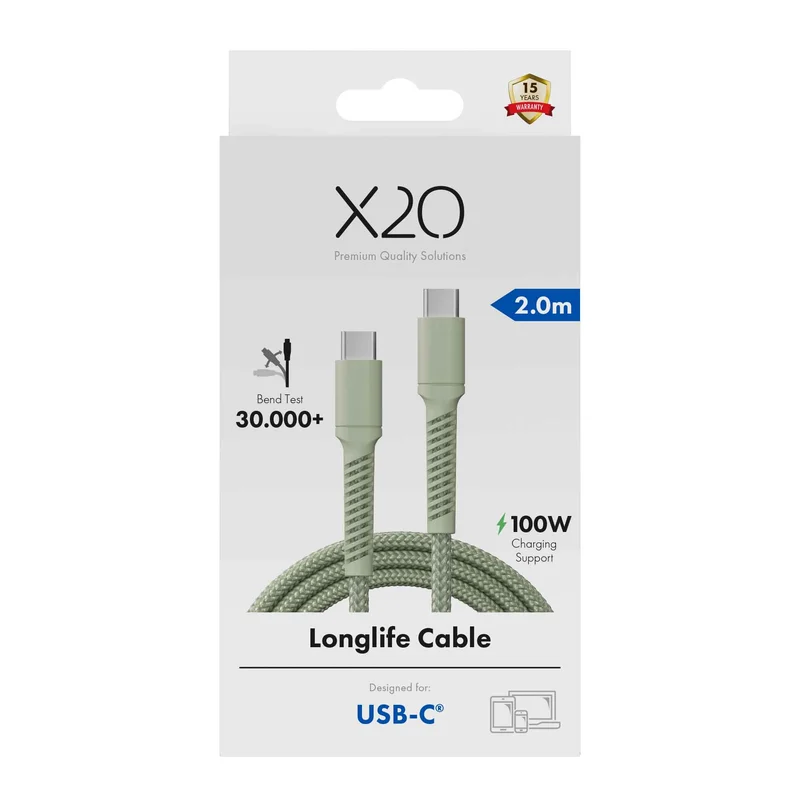 X2O Longlife 100W USB-C/C cable 2M Sage - 3401031