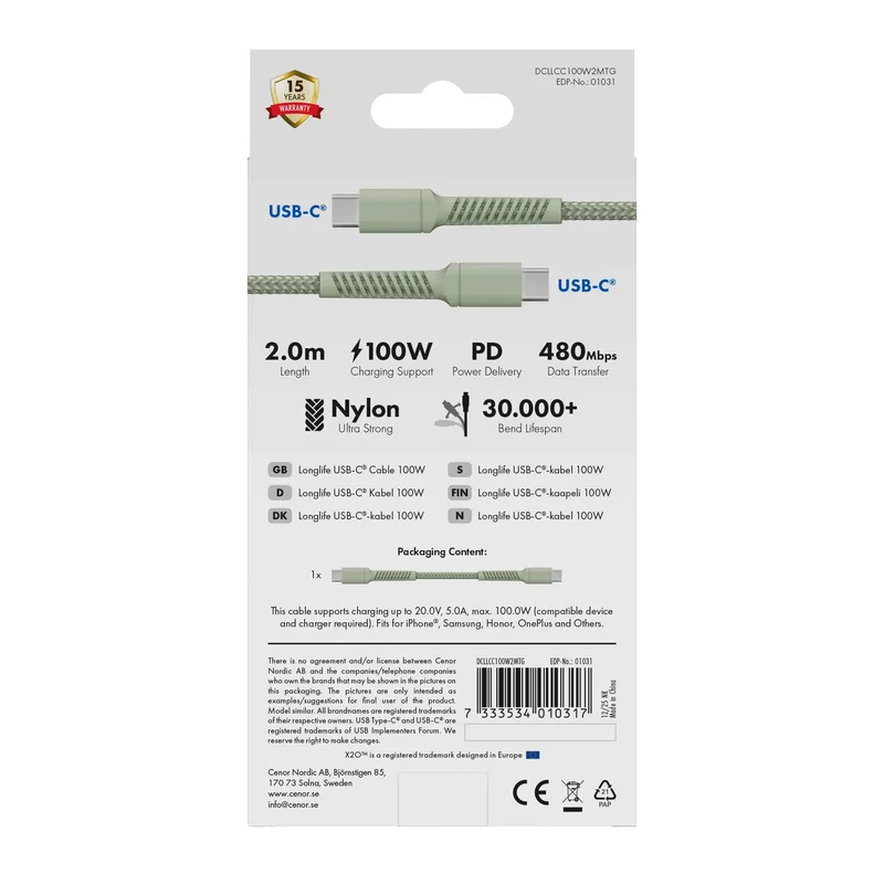 X2O Longlife 100W USB-C/C cable 2M Sage - 3401031