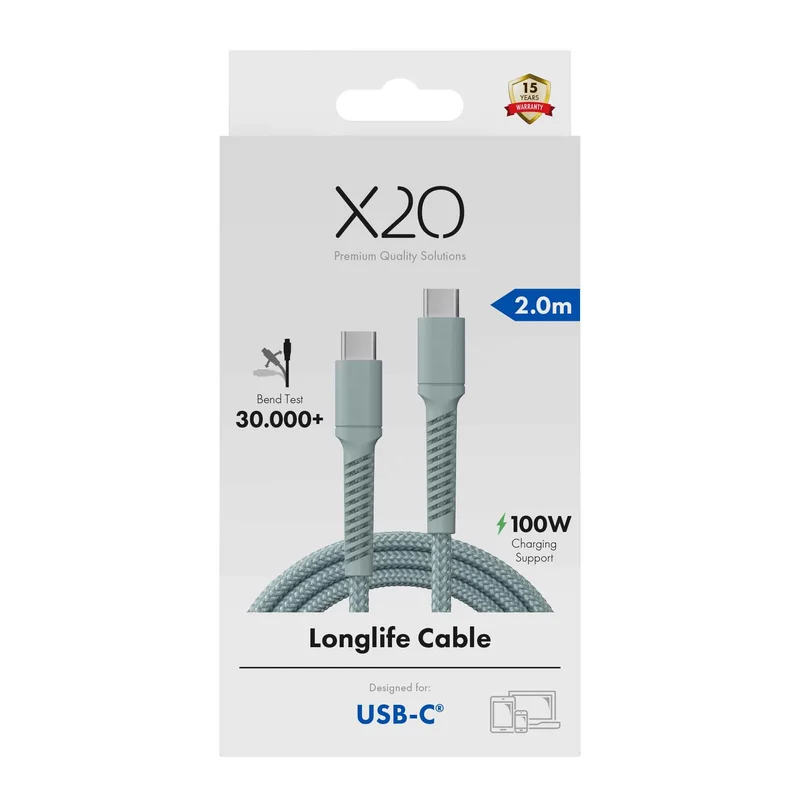 X2O Longlife 100W USB-C/C cable 2M Cloud Blue - 3401032