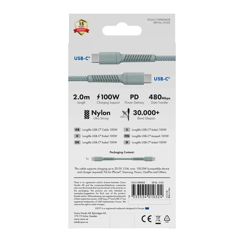 X2O Longlife 100W USB-C/C cable 2M Cloud Blue - 3401032