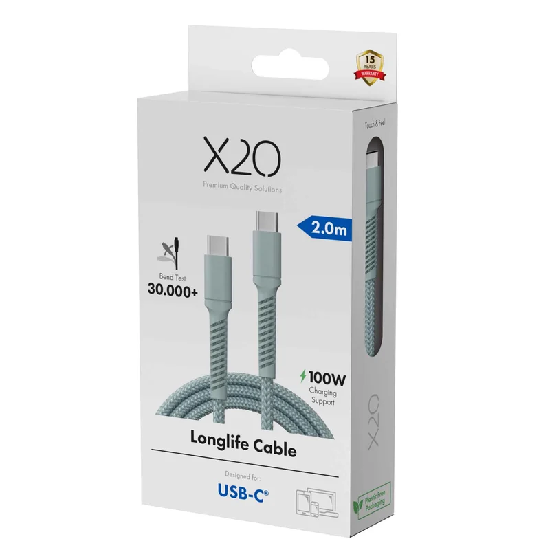 X2O Longlife 100W USB-C/C cable 2M Cloud Blue - 3401032