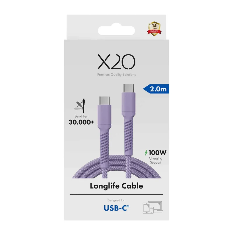 X2O Longlife 100W USB-C/C cable 2M Lavender - 3401033