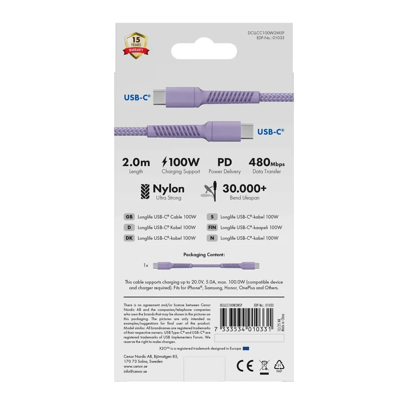 X2O Longlife 100W USB-C/C cable 2M Lavender - 3401033