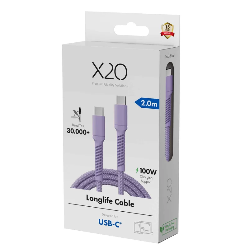 X2O Longlife 100W USB-C/C cable 2M Lavender - 3401033