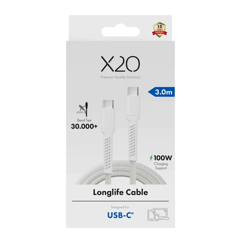 X2O Longlife 100W USB-C/C cable 3M White - 3401034