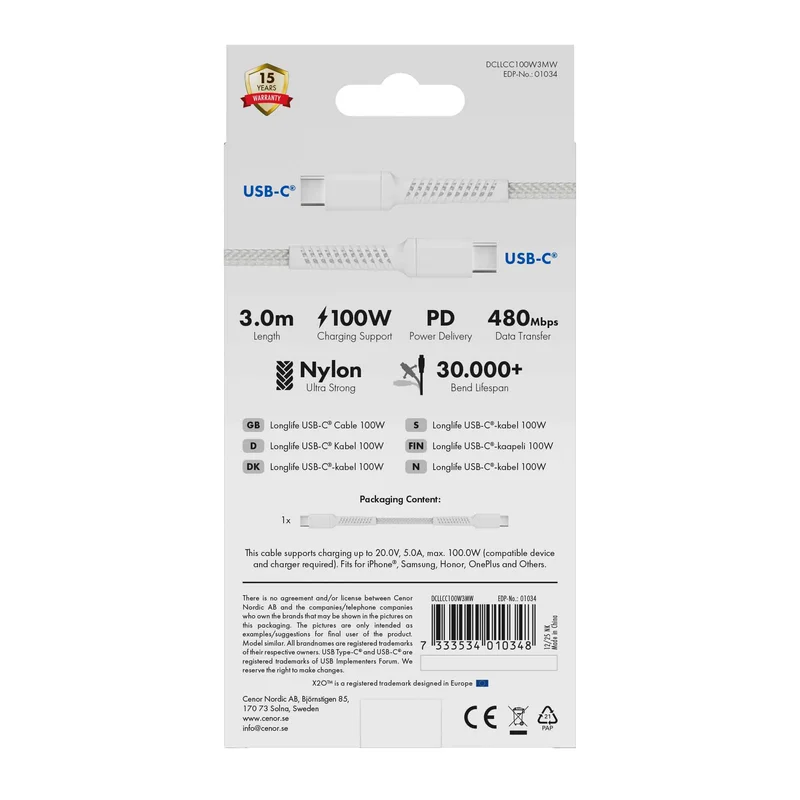 X2O Longlife 100W USB-C/C cable 3M White - 3401034