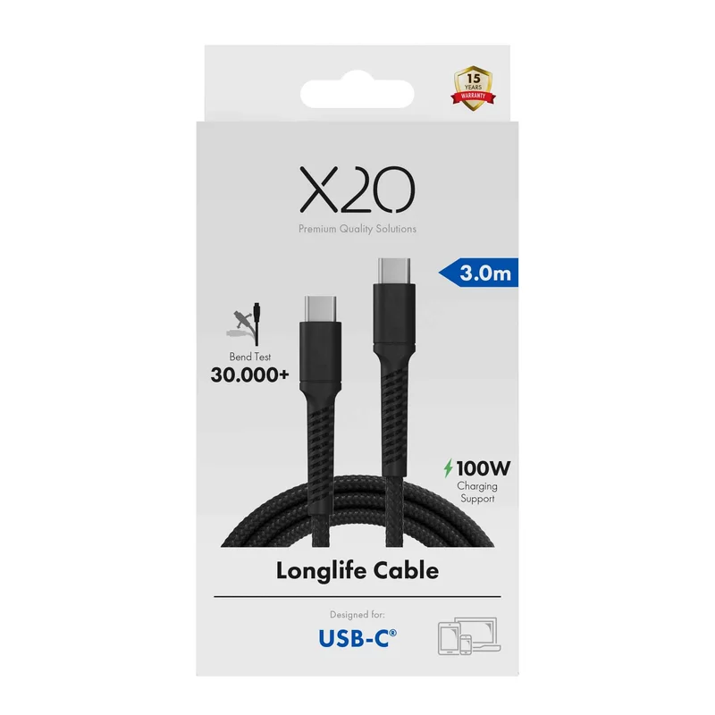X2O Longlife 100W USB-C/C cable 3M Black - 3401035