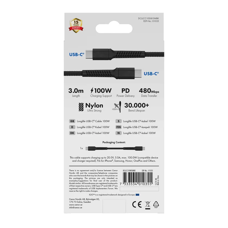 X2O Longlife 100W USB-C/C cable 3M Black - 3401035