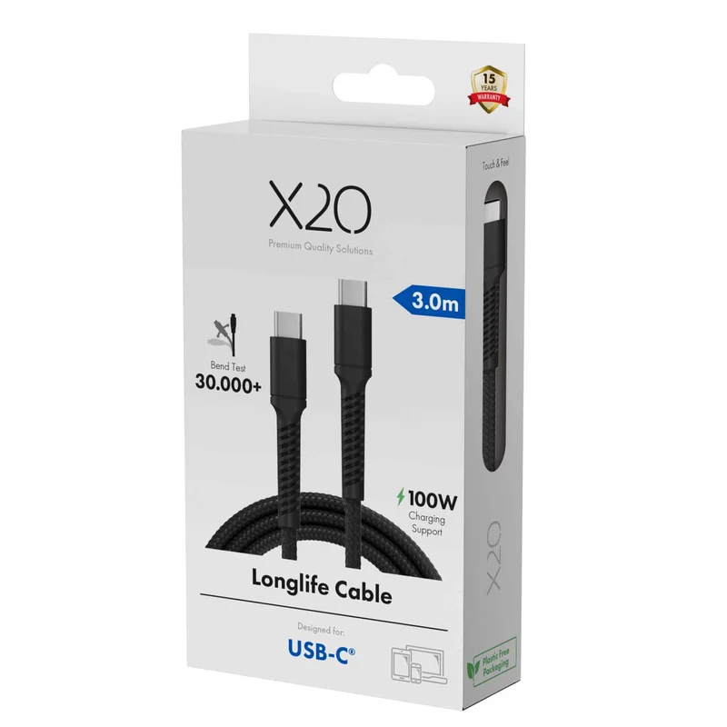 X2O Longlife 100W USB-C/C cable 3M Black - 3401035