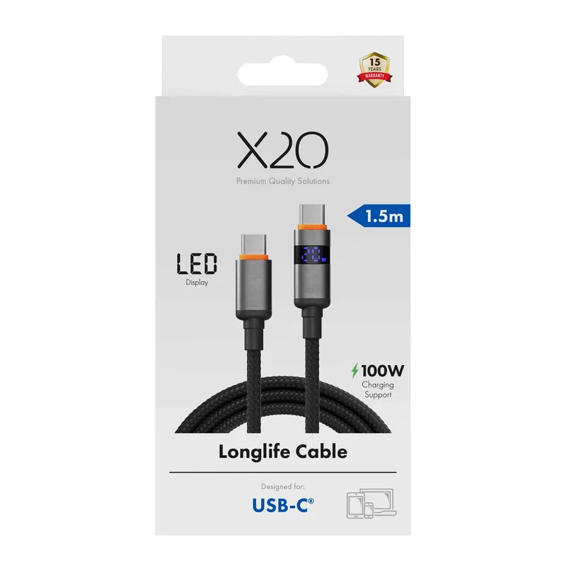 X2O Longlife LED Display 100W USB-C/C cable 1.5M Black - 3401036
