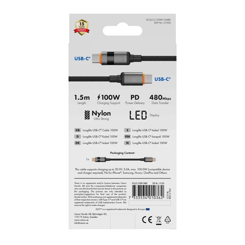 X2O Longlife LED Display 100W USB-C/C cable 1.5M Black - 3401036