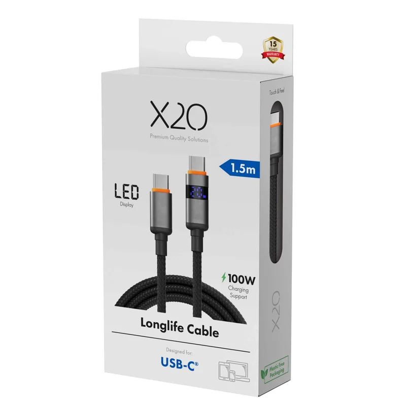 X2O Longlife LED Display 100W USB-C/C cable 1.5M Black - 3401036