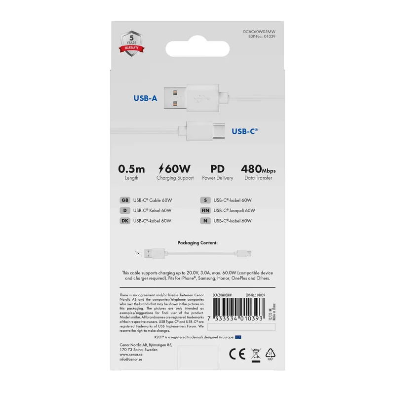 X2O Basic USB-A/C 60W cable 0.5m White - 3401039