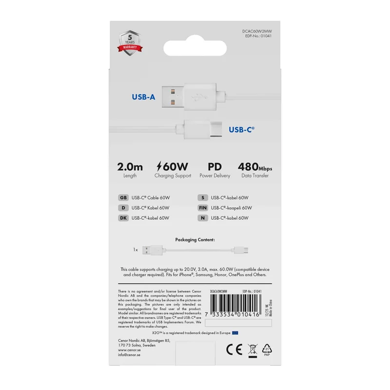 X2O Basic USB-A/C 60W cable 2m White - 3401041