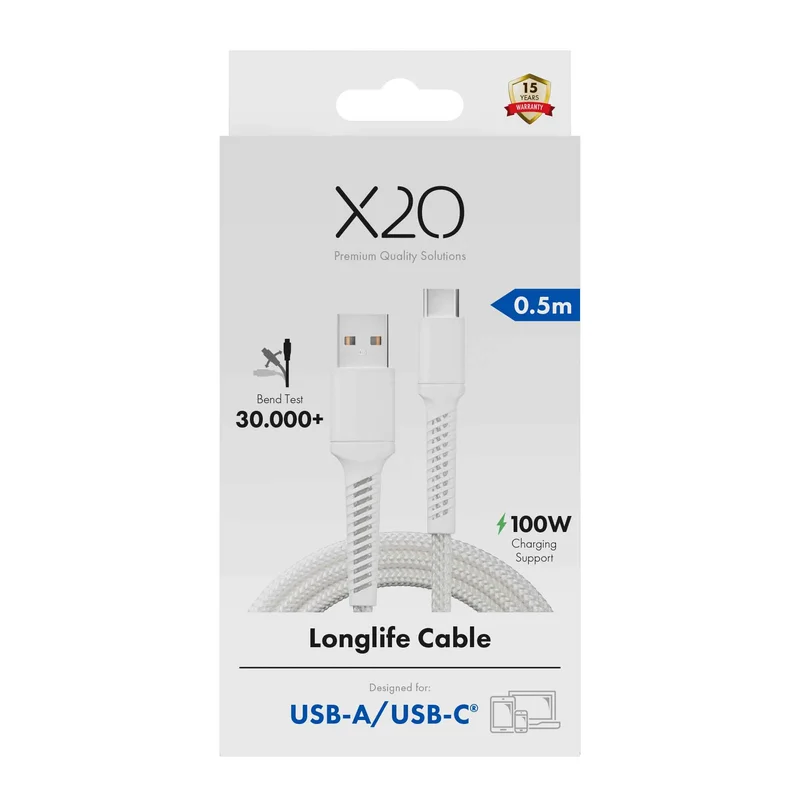 X2O Longlife 60W USB-A/C cable 0.5M White - 3401042