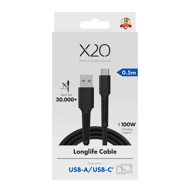 X2O Longlife 60W USB-A/C cable 0.5M Black - 3401043